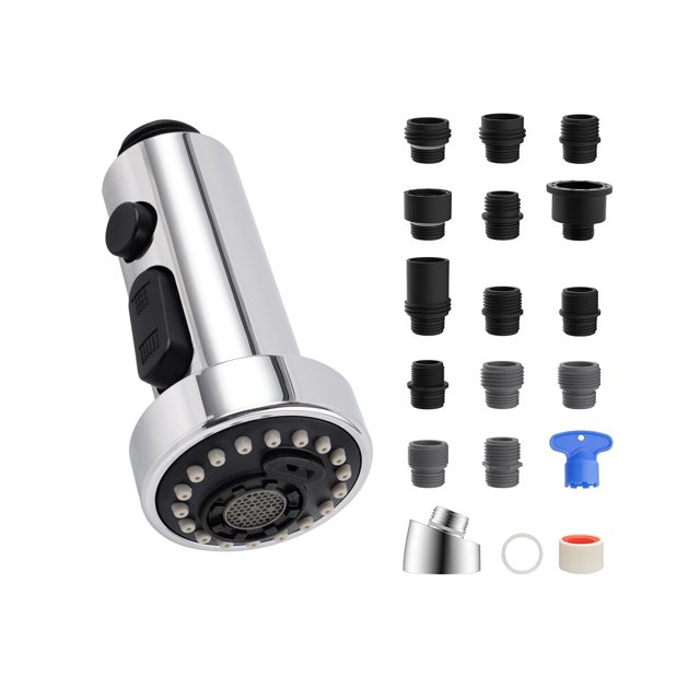 Hibbent Kitchen Faucet Head Replacement, Pull Down Sink Faucet Sprayer Nozzle with 3 Functions, 15 Adapters, Compatible with Moen, American Standard,