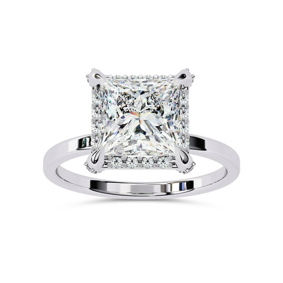 AFFY Halo Solitaire Engagement Ring for Women, 2.20 Carat (ctw) Princess and Round Cut Lab Grown Diamond Ring In 14K White Gold Over Sterling Silver F-G-H, SI Quality Gifts For Her Ring Size-4