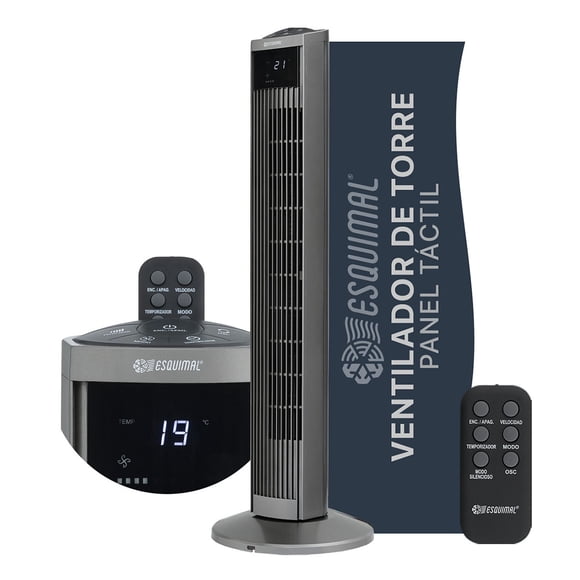 Ventilador de Torre Esquimal 95 cm, Silencioso, Oscilante 70°, Panel LED Táctil con Temperatura, 3 Velocidades, Temporizador 15h, Control Remoto, Color Titanio