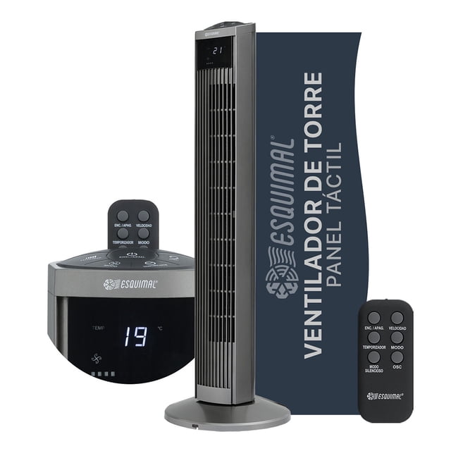 Ventilador de Torre Esquimal 95 cm, Silencioso, Oscilante 70°, Panel LED Táctil con Temperatura, 3 Velocidades, Temporizador 15h, Control Remoto, Color Titanio
