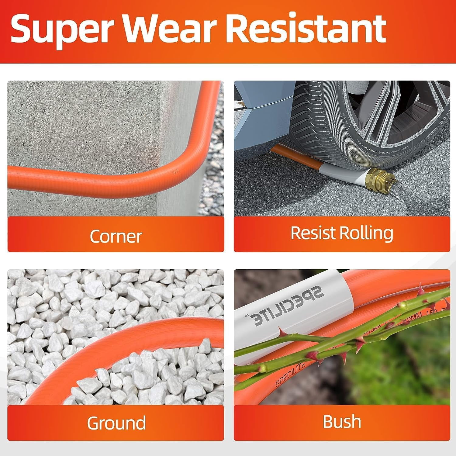 SPECILITE Garden Water Hose 200 ft x 5/8 in Heavy Duty, Flexible and Lightweight Rubber Pipe for Outdoor, 3/4'' Brass Fittings, Orange