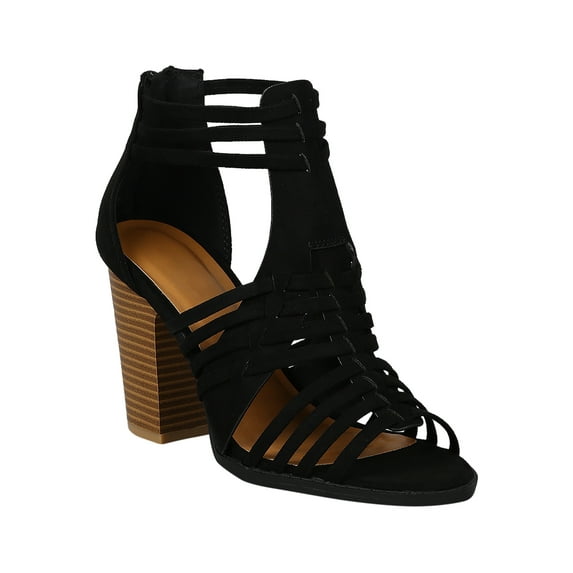 Women Faux Suede Strappy Weave Open Toe Stacked Chunky Heel Booties 18210