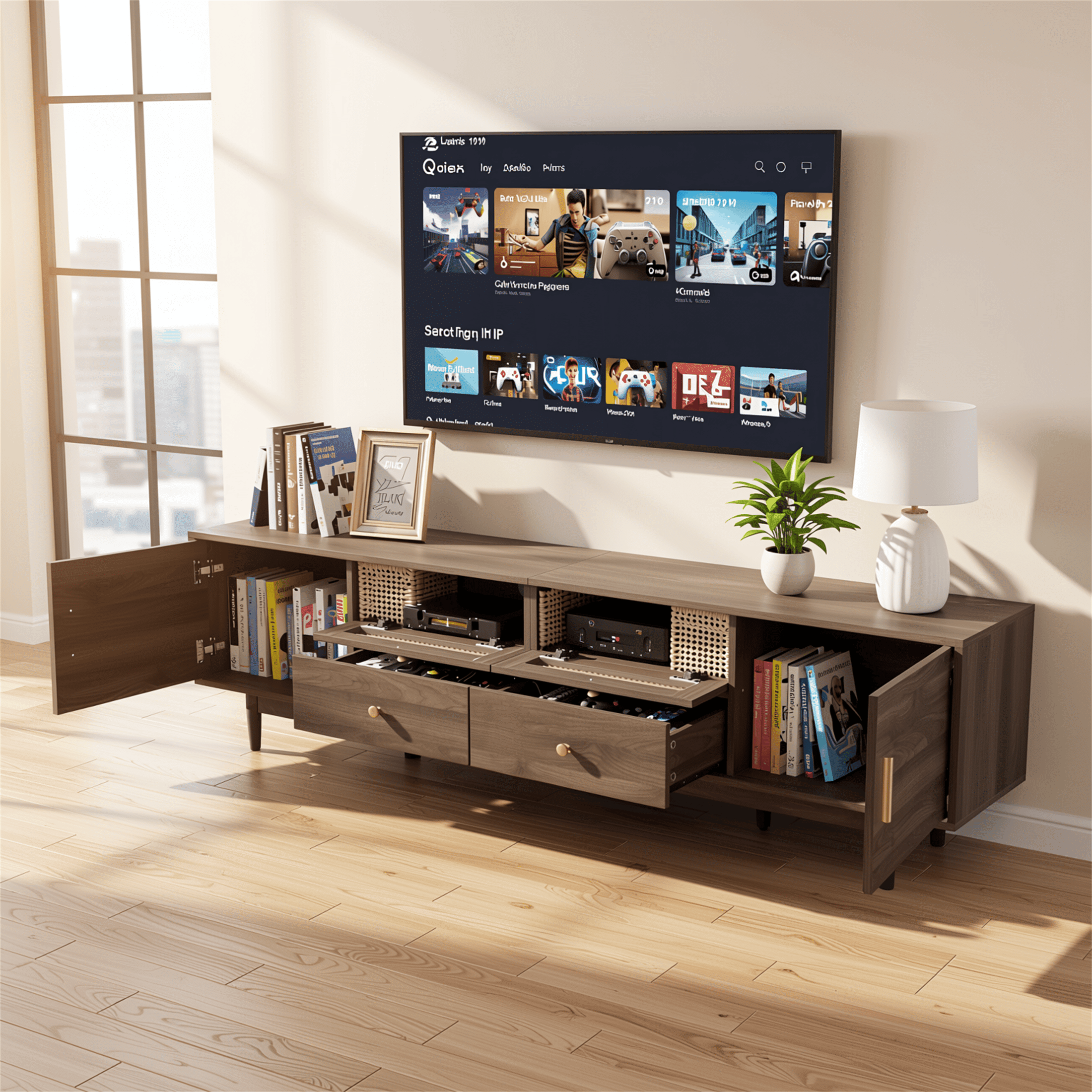 Homy Casa 76.8" Walnut TV Stand for TVs up to 85" with Rattan Doors, 2 Drawers and Side Cabinets