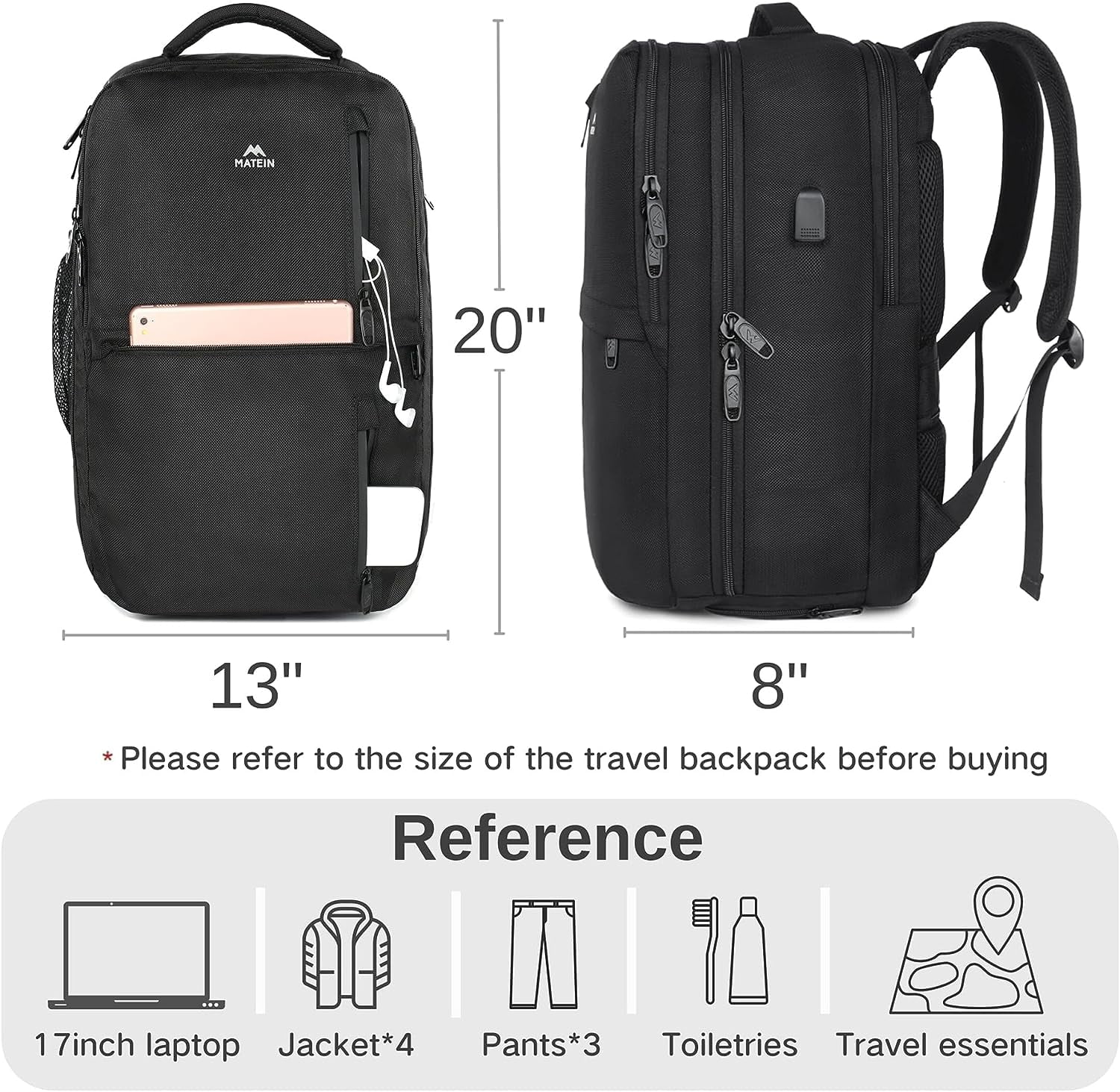 Matein 103501GRY Travel Laptop Backpack,TSA Large Travel Backpack for Women  Men, 17 Inch Business Flight Approved Carry On Backpack with USB Char