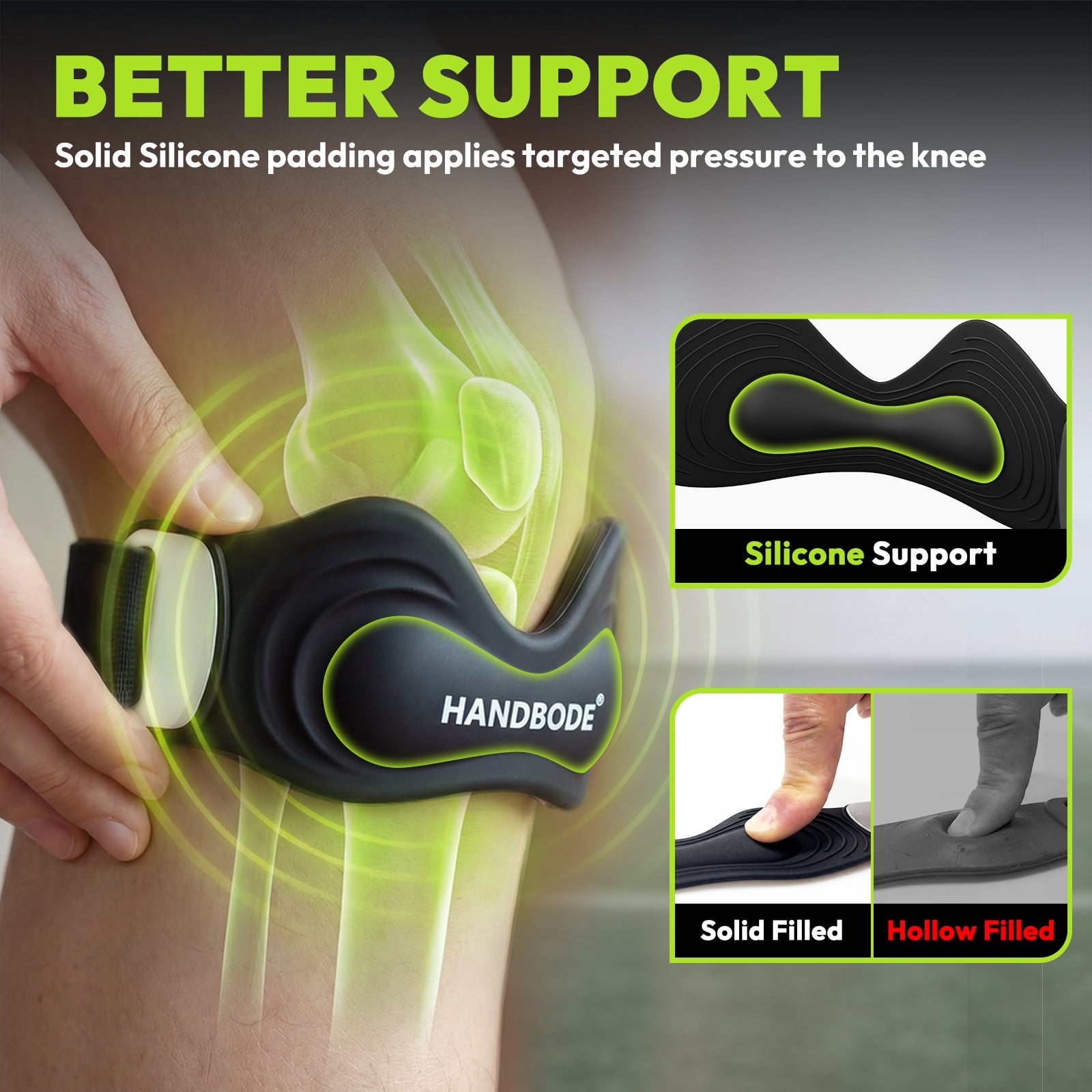 HANDBODE Patellar Tendon Support Strap, Silicone Knee Brace for men women, Adjustable Patella Band Support for Hiking, Running, Jumpers Knee, Osgood Schlatter, 2 PCS