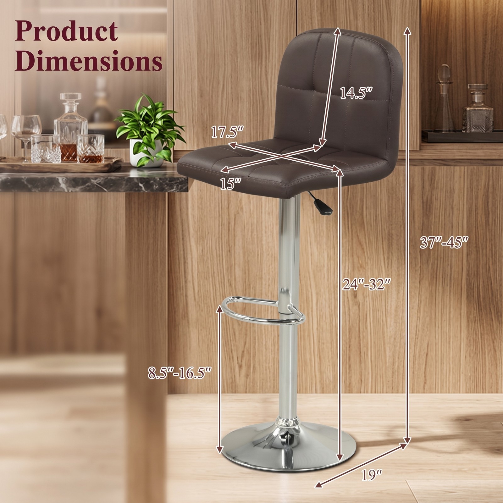 Furnibear Swivel Bar Stools Set of 2, 24-32 Inch Adjustable Height Counter Height Barstools with Footrest, 360 Degree Swivel Faux Leather Padded Kitchen Island, Brown