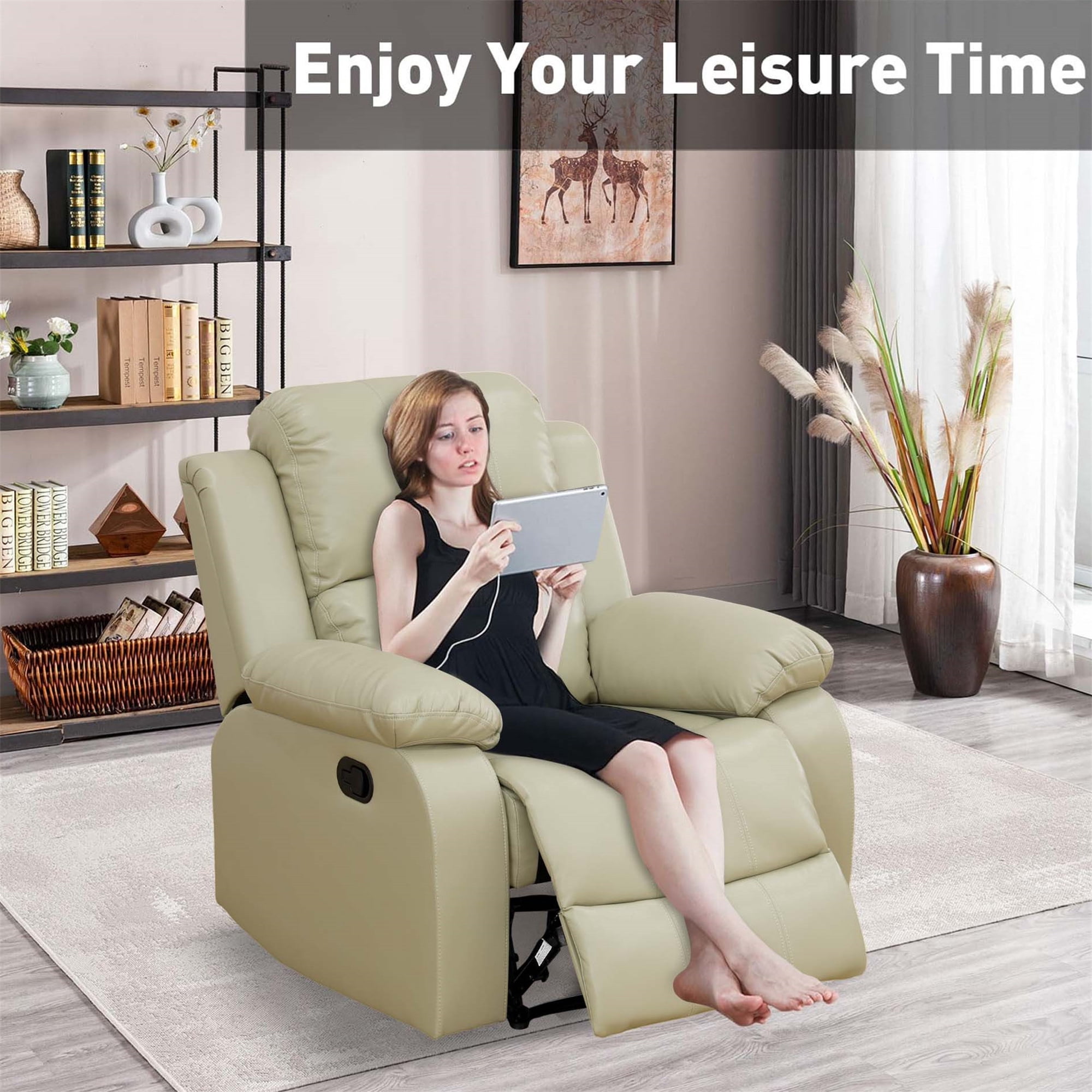 Aukfa Faux Leather Manual Recliner Chair Single Sofa Armchair for Living Room, Bedroom, Beige