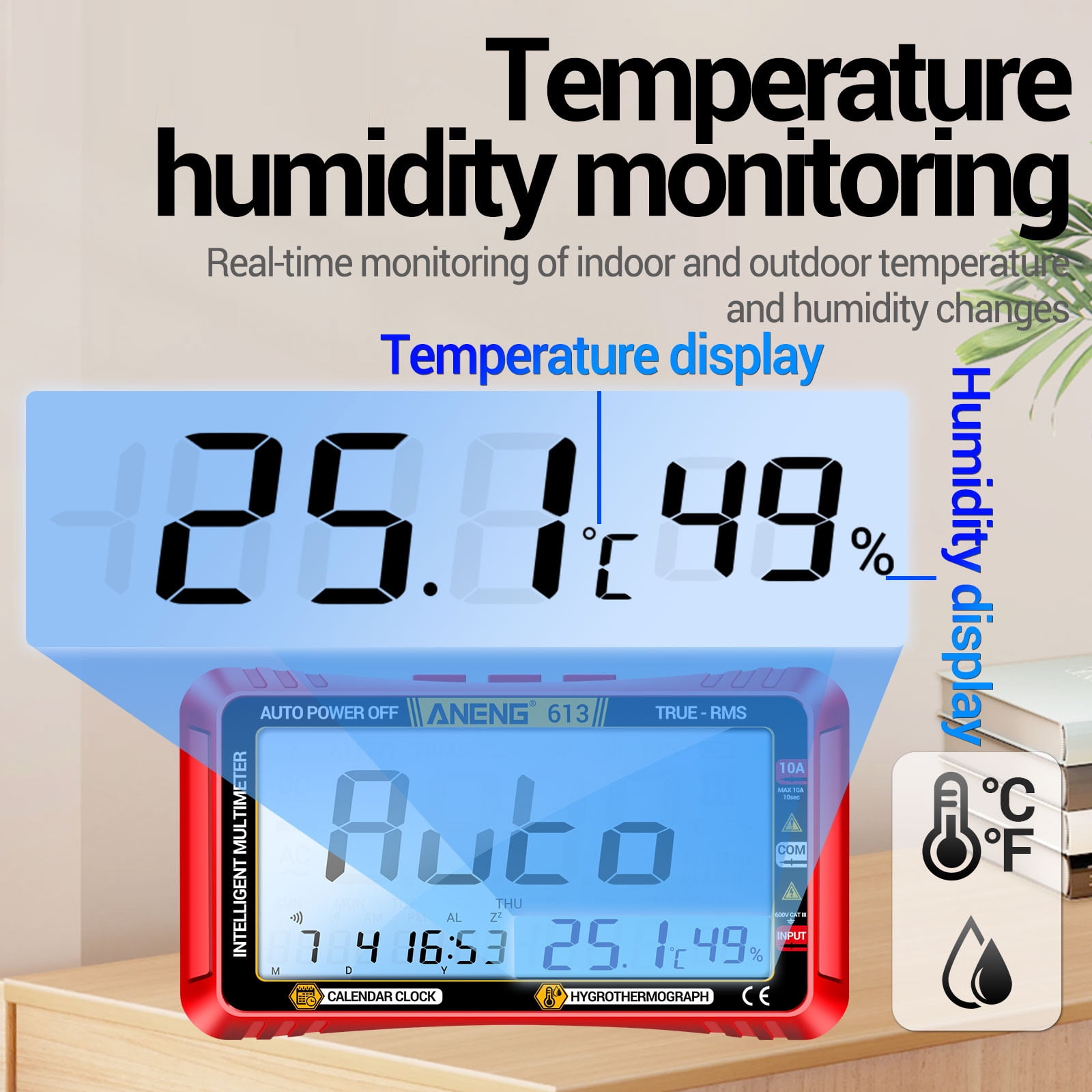 3 in 1 Smart Multimeter Perpetual Calendar Temperature Hygrometer 4000 Counts Digital AC/DC Curent Voltage Resistance Capacitor Tester Professional Test Tools