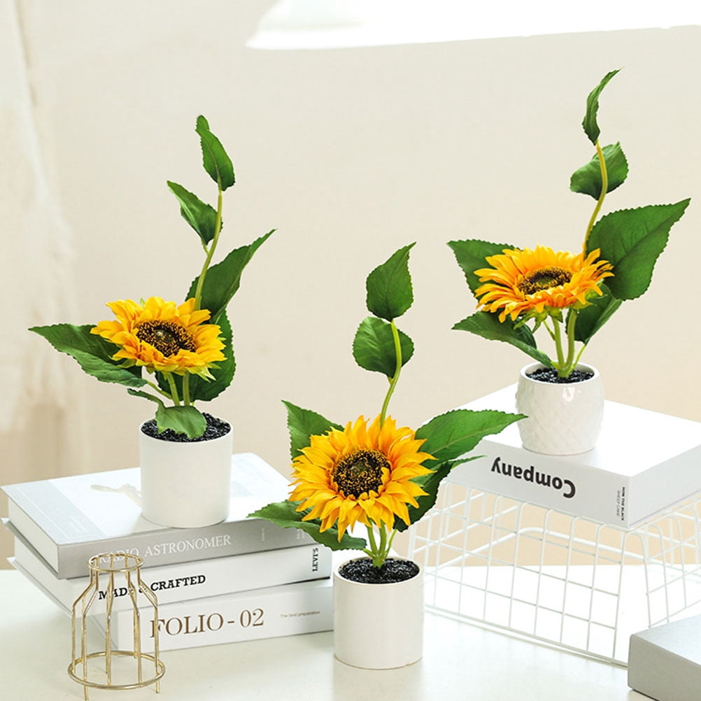 2 Pcs Potted Sunflower Fake Green Plant Decors Desktop Adornments Delicate Plant Faux Flowers Indoor Potted Plants