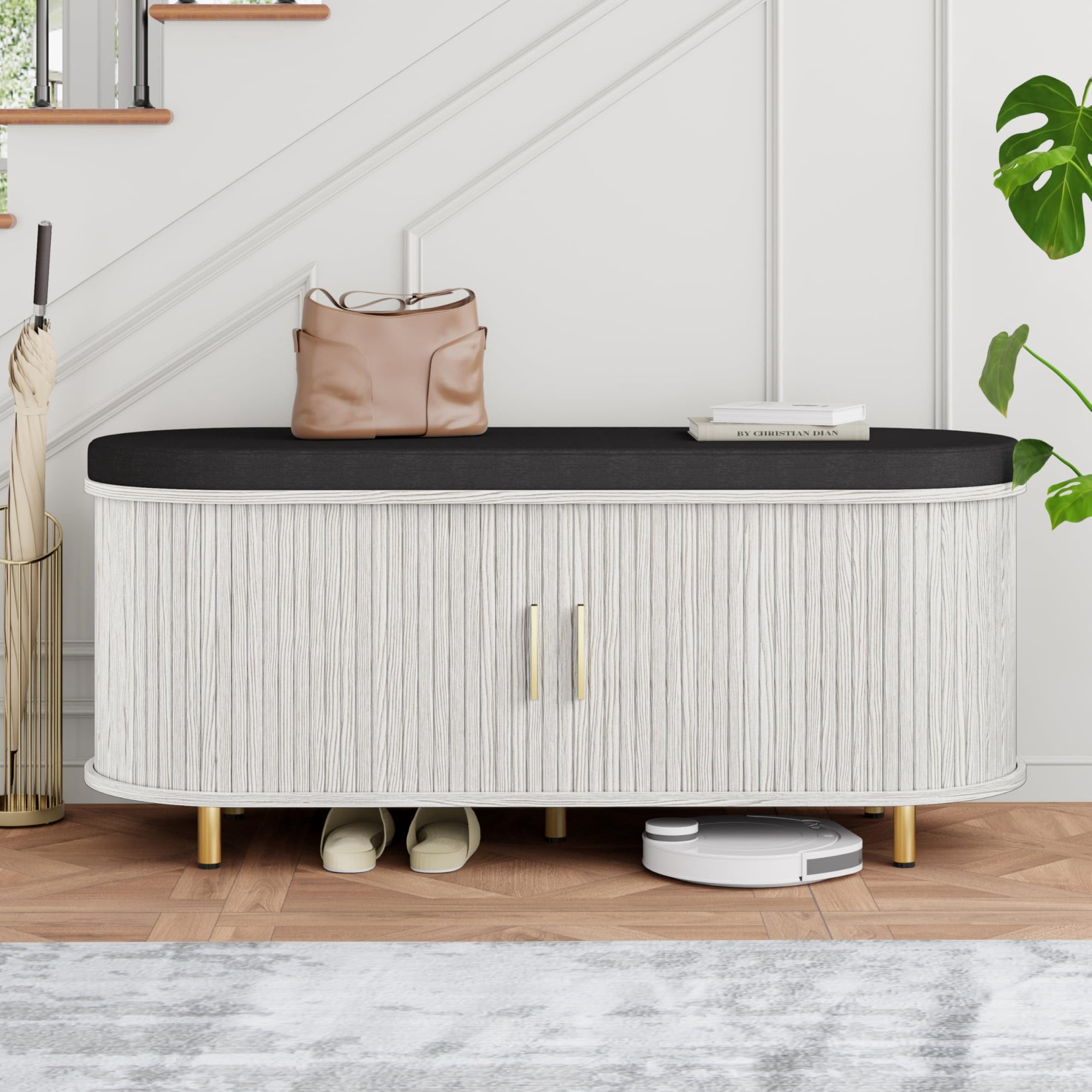 2-Tier Storage Bench with Cushion, 43“ Wide Shoe Bench with Fluted Sliding Door & Adjustable Shelf, Entryway Shoe Rack, White