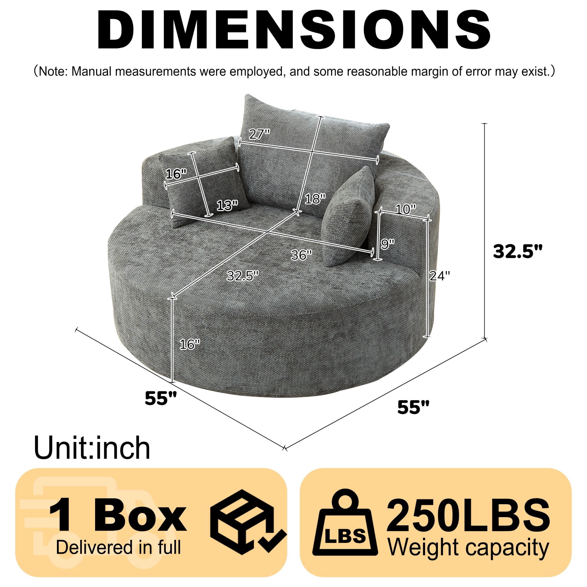 Sailvan 55" Modern Chenille Single Seater Lounge Chair, Modular Cloud Sofa with Enveloping Pillows, No Assembly Lazy Chair for Living Room Grey