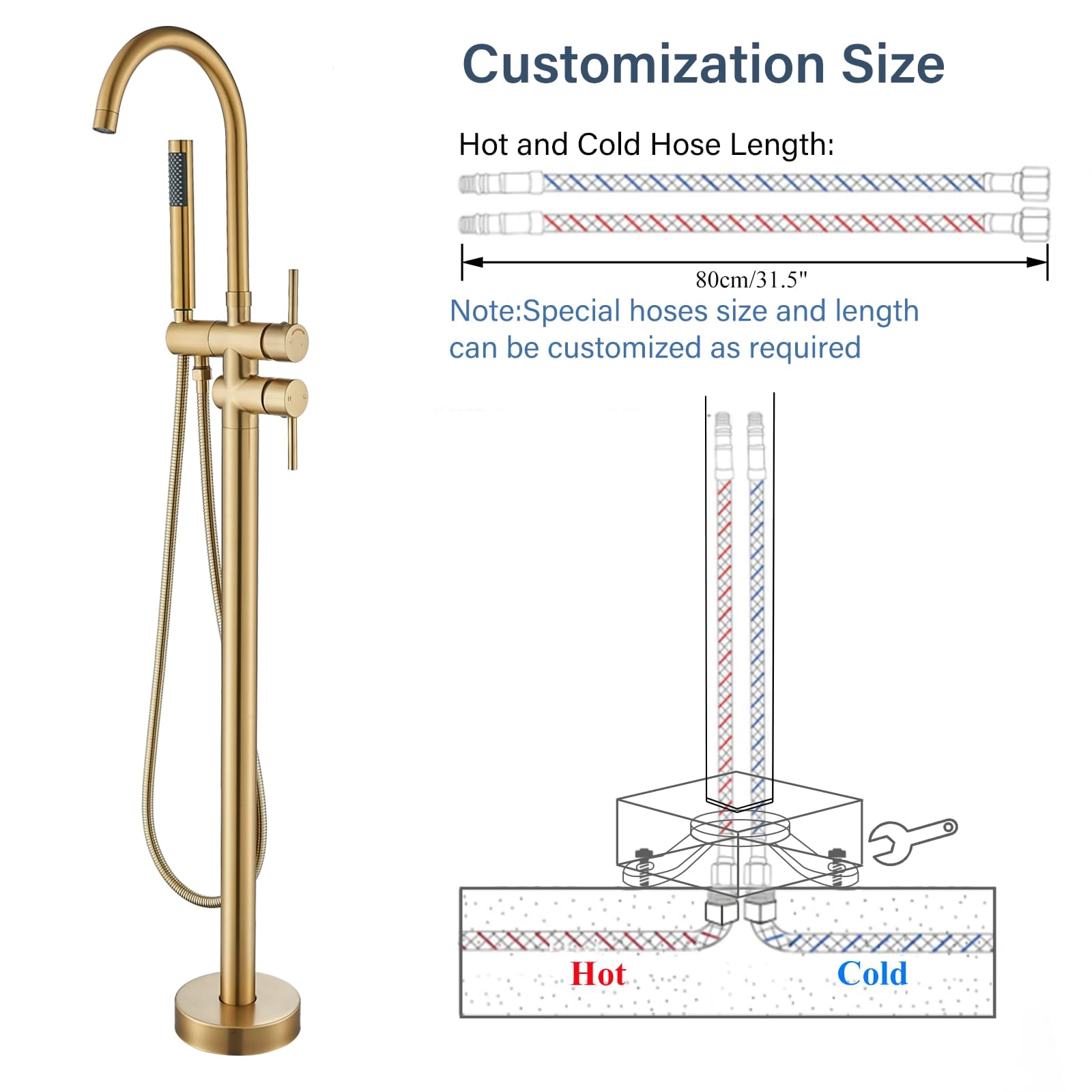 Freestanding Bathtub Faucet Brushed Gold High Arc Floor Mounted Solid Brass