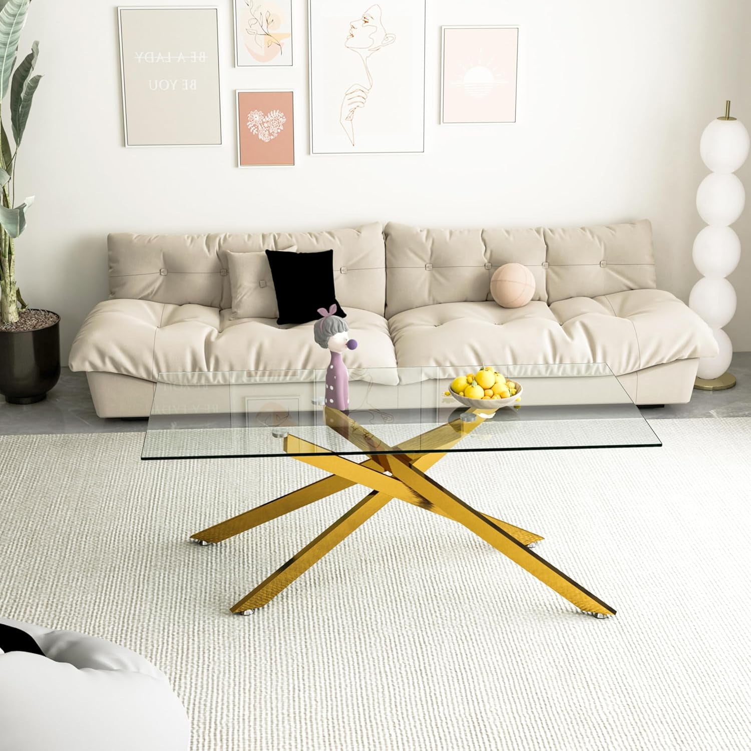 Glass Coffee Table, Holaki 47.2" Clear Rectangle Glass Coffee Table, Modern Coffee Table with Metal Legs, Center Table Sofa Table Home Furniture for Living Room