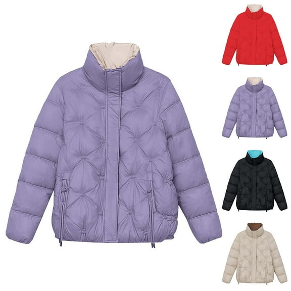 Lovskoo Womens Winter Coats Stand Collar Quilted Jacket Warm Pocket Turn Down Collar Long Sleeve Jacket Parkas Outerwear Cotton Padded Outerwear Purple