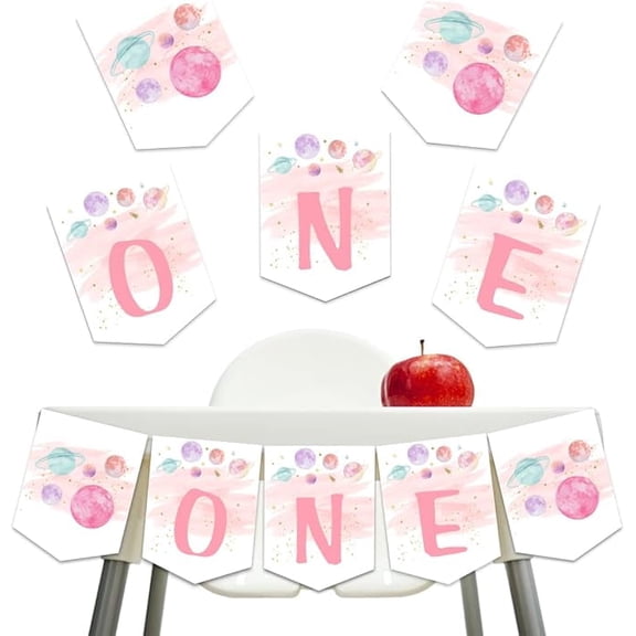 Outer Space 1st Birthday Highchair Banner, First Trip Around The Sun Sweet Pink Planet Birthday Highchair Garland Decorations for Girl’s One Year Old Party Supplies