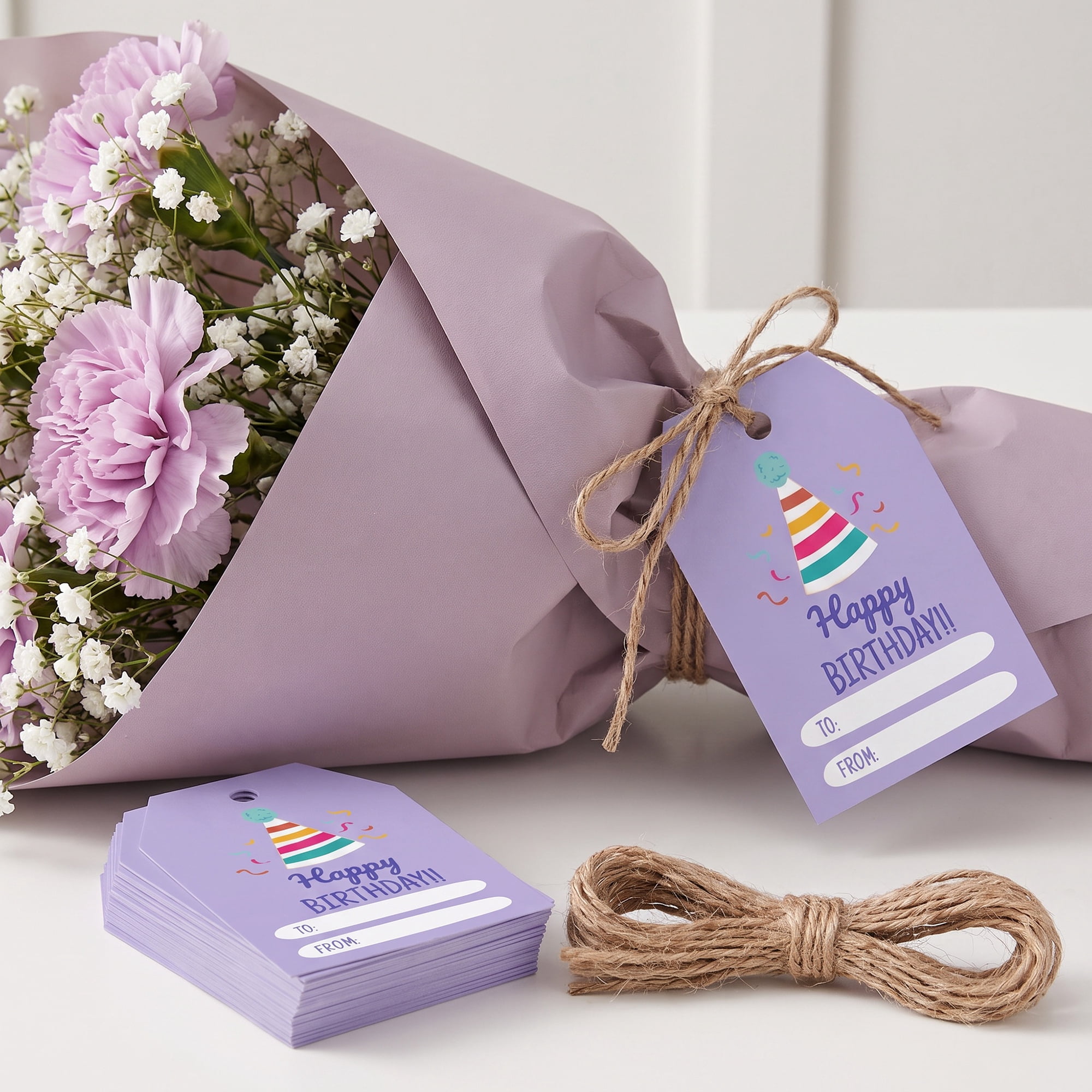 Unique Bargains 100Pcs Elegant Birthday Gift Tags with Twine Hat Pattern 2" x 3.1"