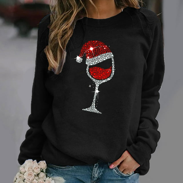 jsaierl Chandails de Noël pour Femmes Mignons, Chandails Décontractés Amples pour Femmes, Chandails de Noël Rouges en Verre à Manches Longues, Chandails Doux Amples