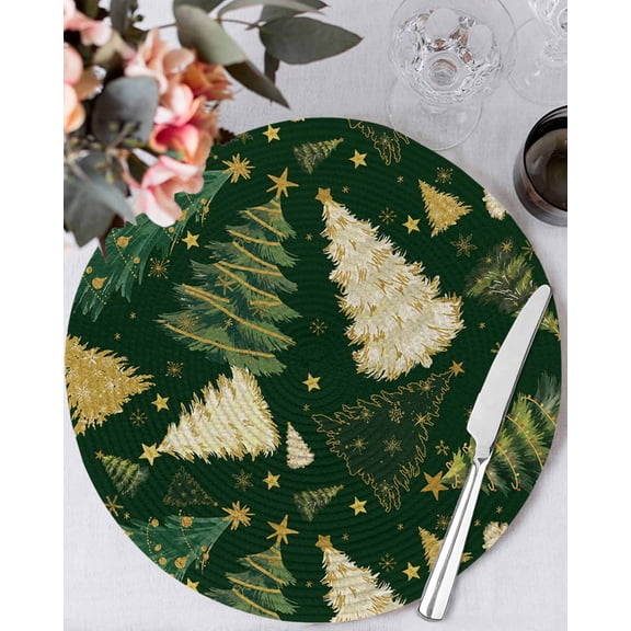 13 Inch Round Placemats Set of 4, Christmas Tree Non Slip Heat Insulation PP Table Mats, Green Xmas Tree Winter Washable Place Mats for Kitchen Dining Party Table Decor