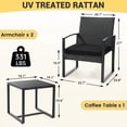thumbnail image 3 of LOGYAT 3 Piece Wicker Patio Bistro Set, All-Weather Rattan Conversation Set with Glass Top Coffee Table, Perfect for Balcony, Porch, Poolside, Black Frame with Black Cushion, 3 of 9