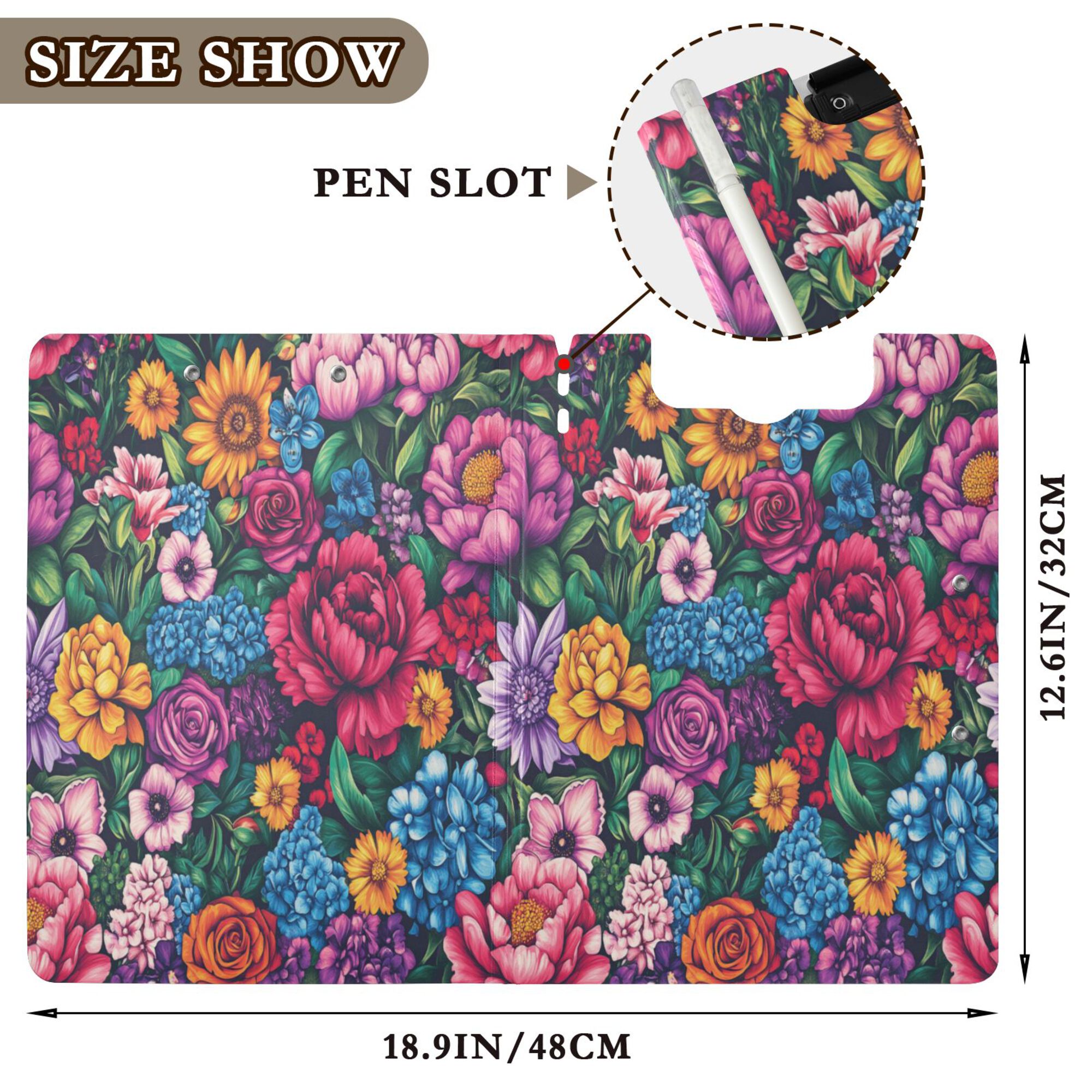FORMRS A4 Clipboard Folder with Pen Holder Horizontal Foldable School Office Binder, Charming Floral Pattern