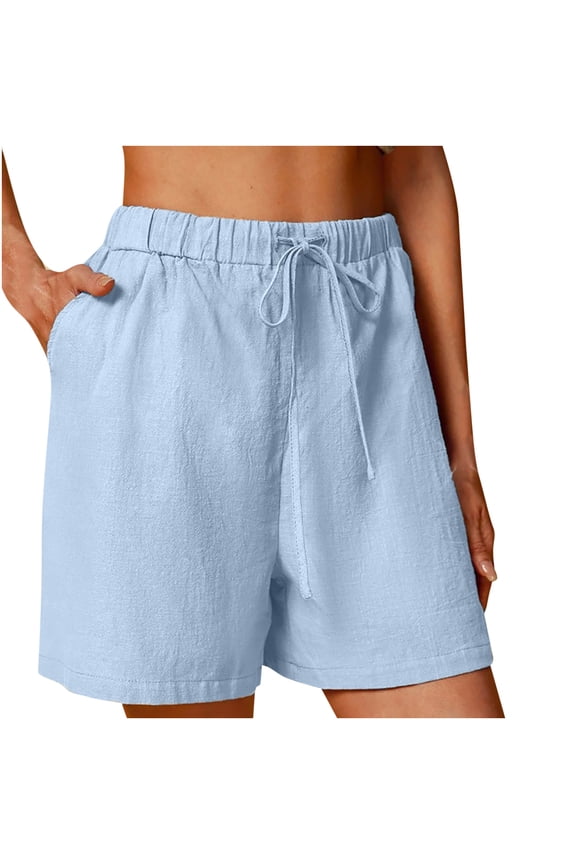 Women's Pull On Linen Shorts High Waist Elastic Drawstring Casual Solid Relax-Fit Comfy Shorts with Pockets