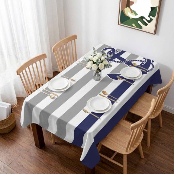 Anchor Gray Table Cloth Waterproof Tablecloths, Modern Navy Blue White Striped Nautical Tablecloth Dining Table Cover for Kitchen Party Tabletop Outdoor, Rectangle Tablecloth 60x102 Inch