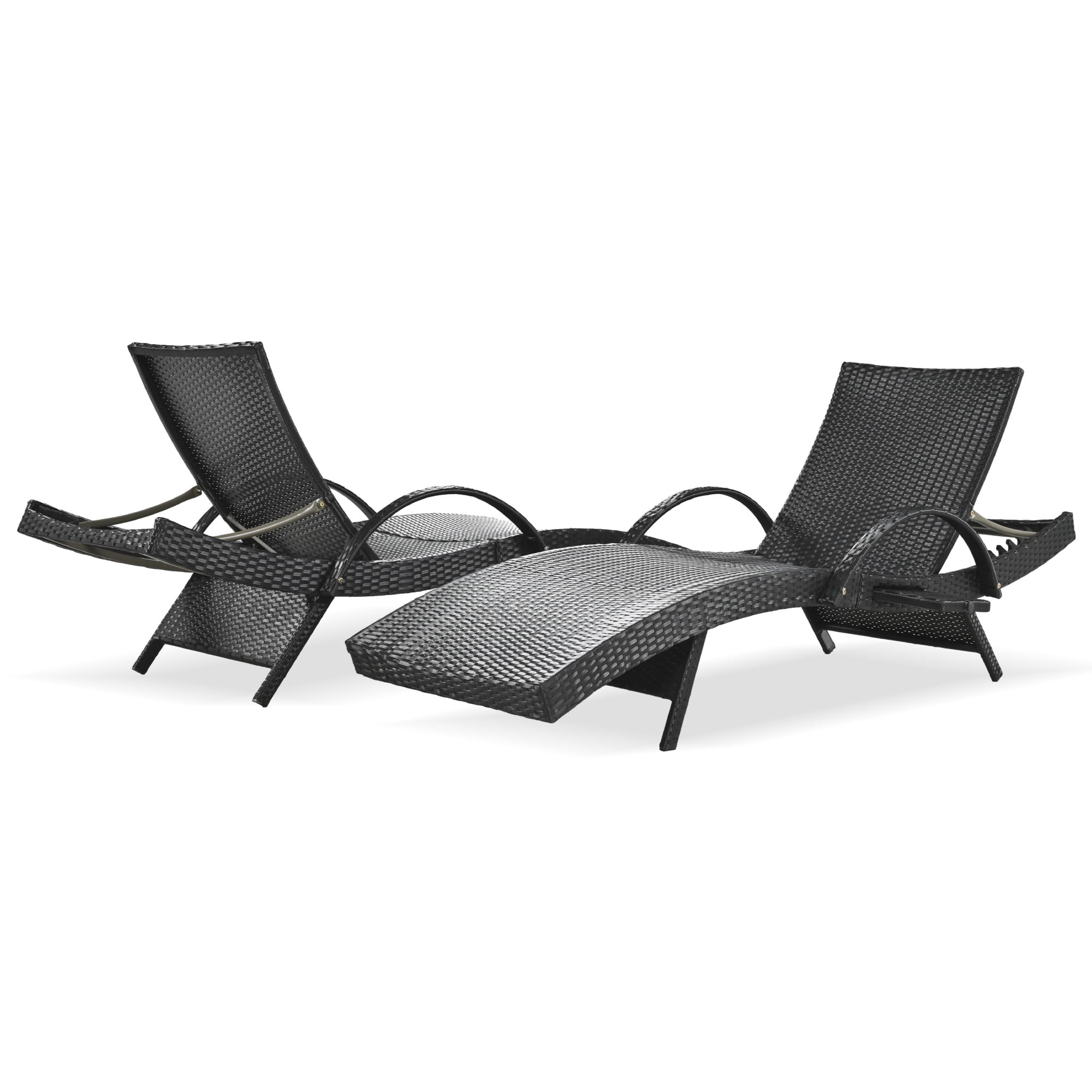 Alvantor Outdoor Wicker Lounge Chairs Set of 2, Wave Chaise Recliners Chair w Side Table for Pool Patio Black