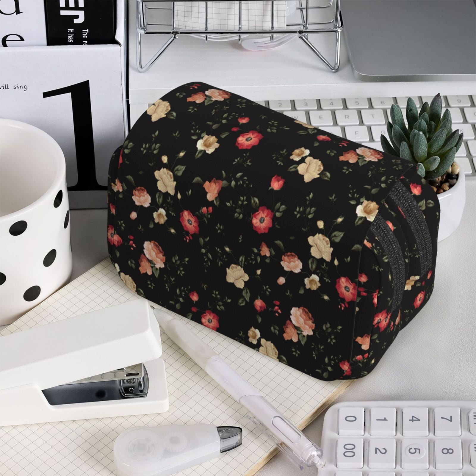 Rateoe Red White Flowers Pattern Double Clamshell Pen Case, Storage Organizer with Two Zipper Compartments– Holds Up to 50 Pencils & Pens