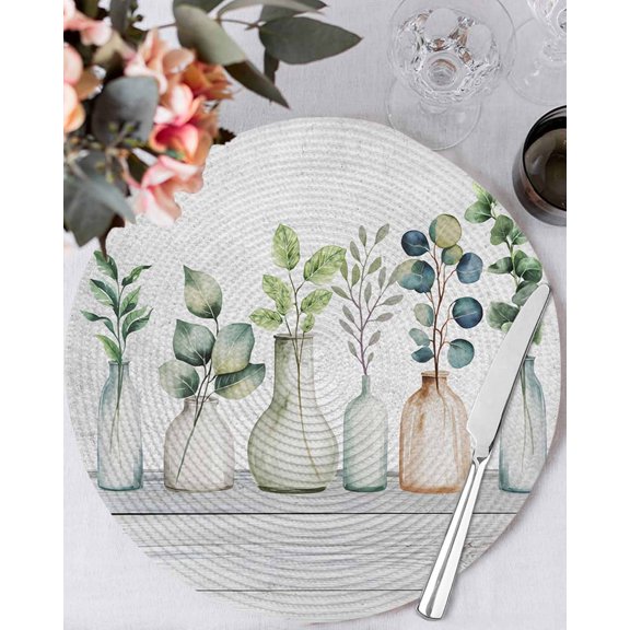 15 Inch Round Placemats Set of 6, Bottles and Plants Non Slip Heat Insulation PP Table Mats, Country Leaves Farmhouse White Wooden Grain Washable Place Mats for Kitchen Dining Party Table Decor