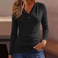 thumbnail image 2 of Qgtaibl Women's Solid Color Long Sleeve Shirts Elegant Cowl Neck Waist Ruched Blouse Fall Stretchy Slim Fit Dressy Tops Black XXL, 2 of 8