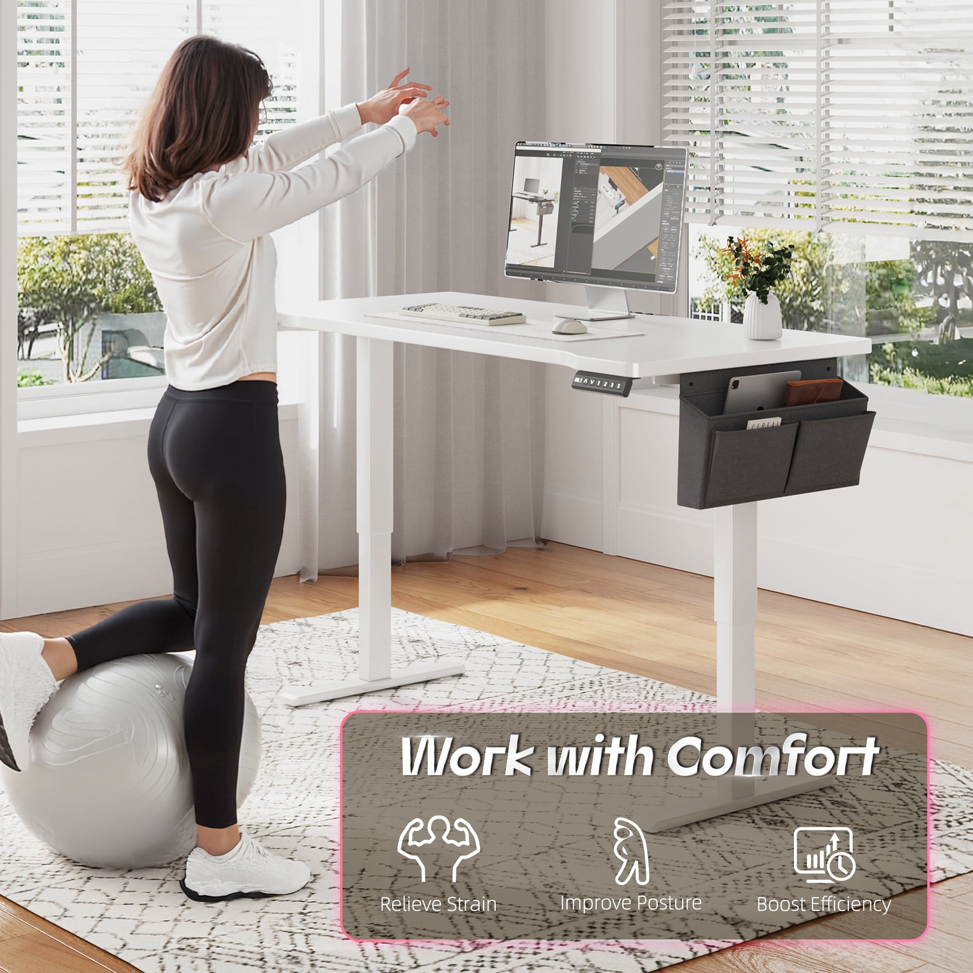 EnHomee Standing Desk Electric Adjustable Height Desks with LED, 48 x 24 Inch Computer Desk with 3 Memory Preset,Sit Stand Up Desks with Side Pocket and Cable Management,White