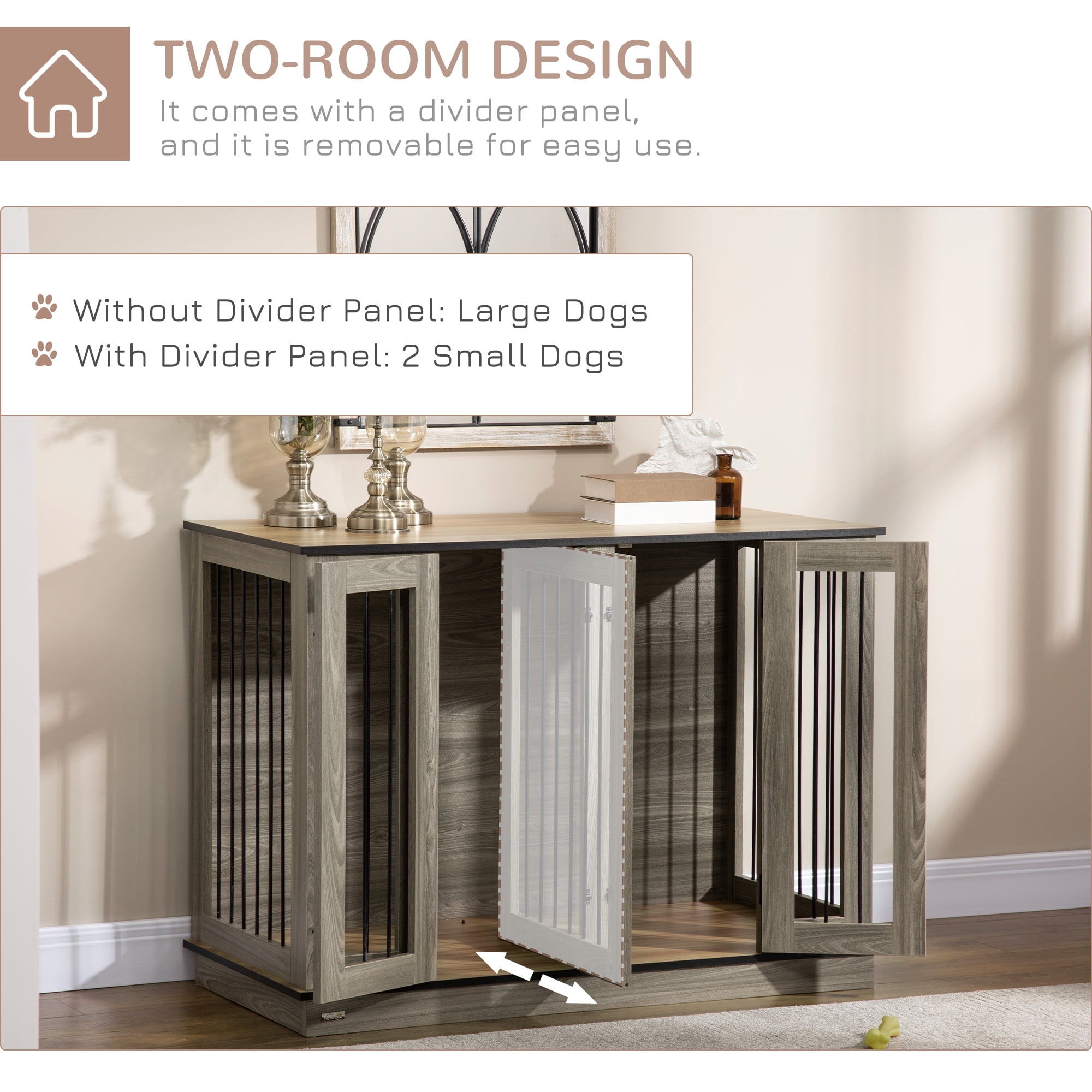 PawHut Dog Crate Furniture with Divider Panel Dog Kennel End Table for Large Dogs Decorative Pet House with Two Rooms Design for 2 Small Dogs with 2 Front Doors 47 x 23.5