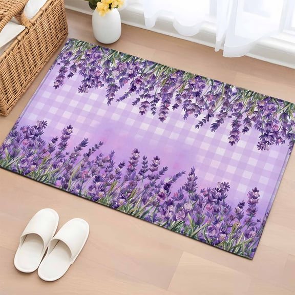 Entryway Rug 2'x3', Purple Lavender Small Rug for Kitchen Bathroom Door Mat Indoor Entrance, Spring Watercolor Wildflowers Plant Plaid Non-Slip Area Rugs Floor Mats Carpet Front Door Rugs