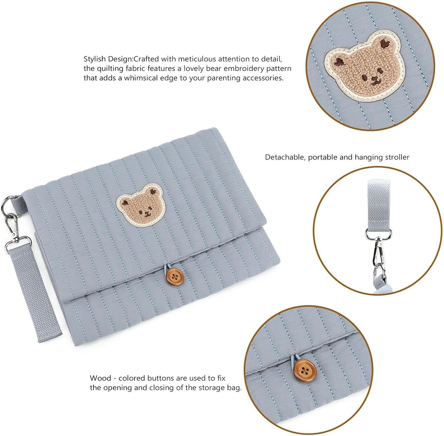 Diaper and Wipes Pouch | Cute Bear Embroidery Foldable Pouch | with Stroller Strap Compartment Diaper Bag Organizers | for