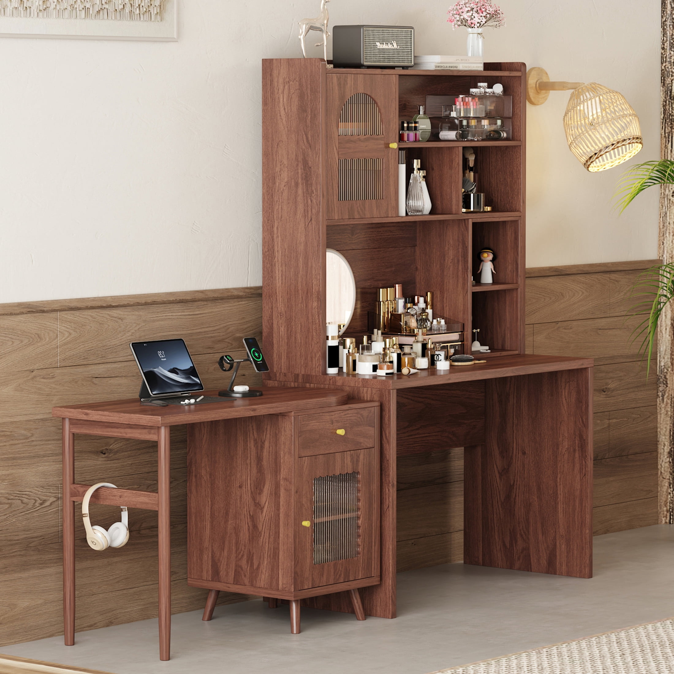 Noble House Rotating Computer Desk with Storage Cabinets, Shelves and Drawer, Walnut