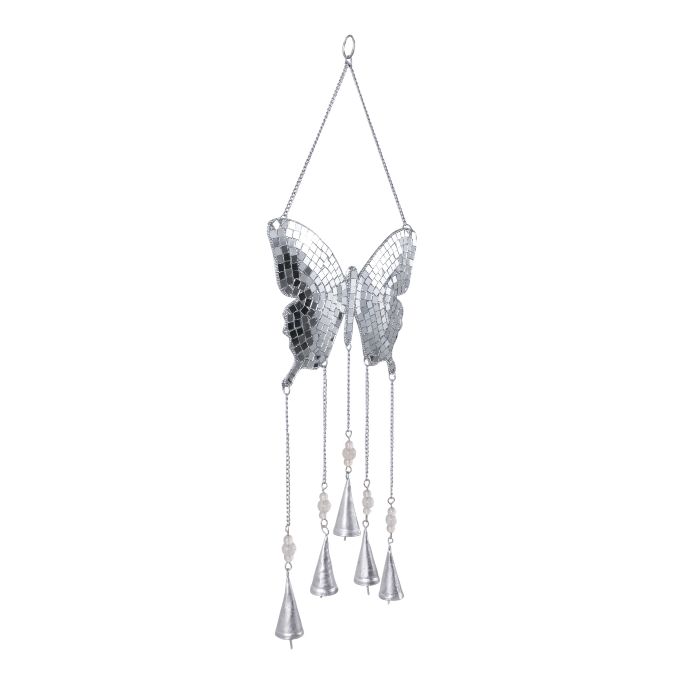 Butterfly Wind Chime with Hanging Bells - Metal & Glass Mosaic Design - Outdoor & Indoor Decorative Wind Bell - Soothing Garden Decor for Patio, Balcony & Home - 26" Silver Metallic