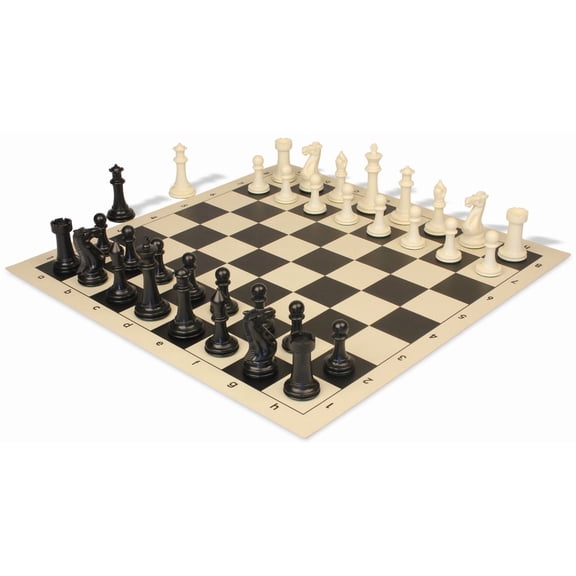 Executive Plastic Chess Set Black & Ivory Pieces with Vinyl Roll-up Board - Black