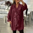 thumbnail image 2 of lulshou Long Sleeve Shirts for Women Casual Solid Color V-Neck Pullover Top with Button Detail, Wine, XL, 2 of 6