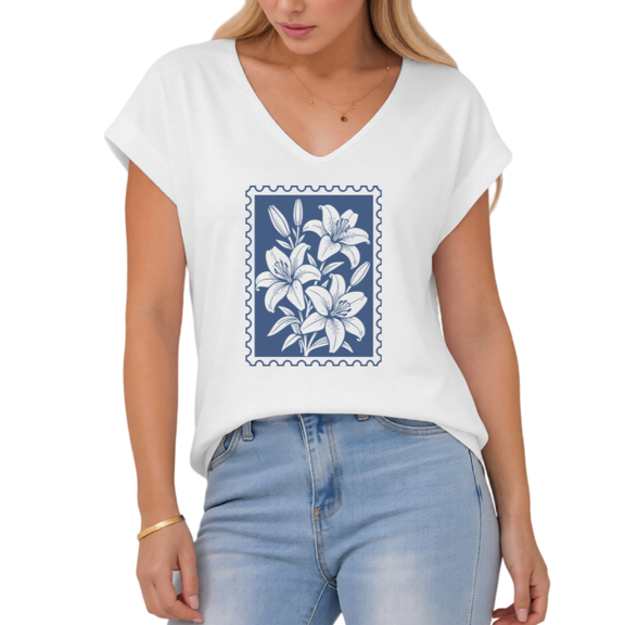 Giffimy Women's White Vintage Blue Stamp Lily Floral S-5XL V-Neck Sleeveless T-Shirt Minimal Casual Summer Tank Top