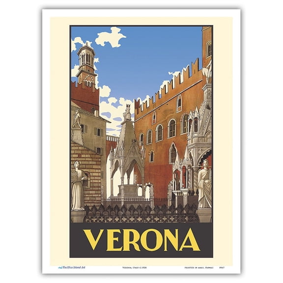 Verona Italy - Piazza delle Erbe Square - Vintage Travel Poster c.1938 - Master Art Print (Unframed) 9in x 12in