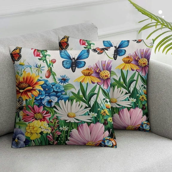 Acheng Spring Floral Throw Pillow Covers Set of 2 Flowers Bees and Butterflies Spring Decorative Cushion Case for Sofa Couch Garden Patio White