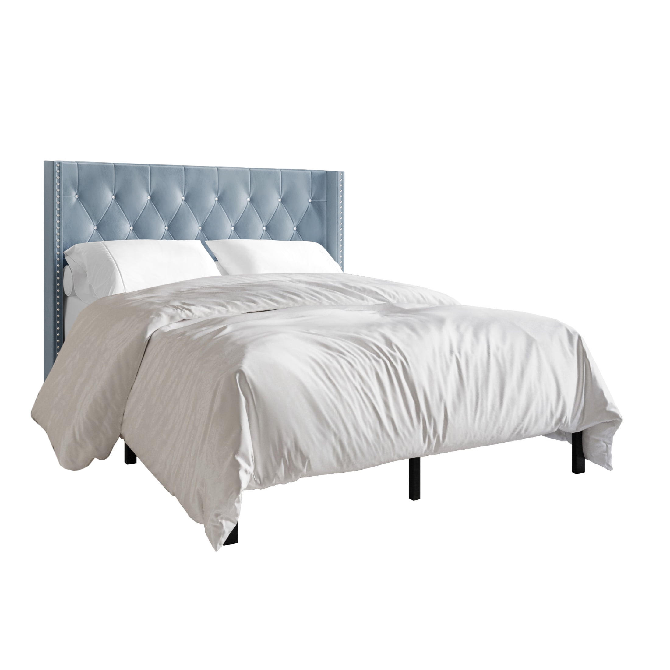 Castle Place Button Tufted Wingback Velvet Upholstered Bed, Light Blue, Full