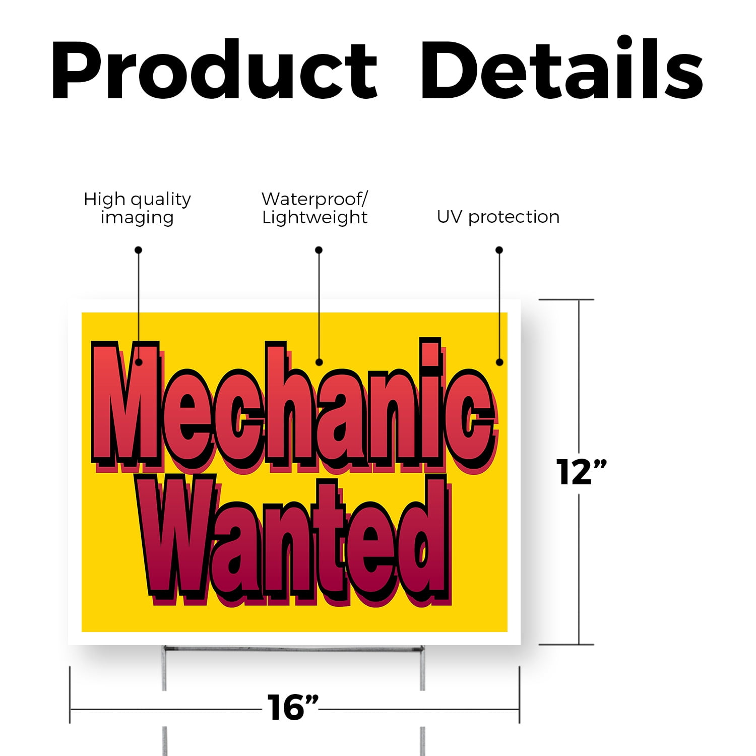 Mechanic Wanted Yard Sign 12 Inch x 16 Inch Single Sided Weatherproof Heavy-Duty Plastic with Stake | Hiring Notice, Professional Auto Shops, Bold Display | Made in USA