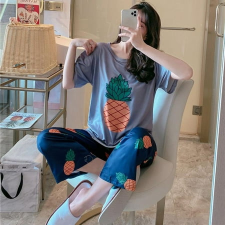 

Clearance Sale!Spring and Autumn Cute Fruit Print Pajama Long Sleeve Two Piece Home Wear Women Casual O-Neck Pyjamas Set A XXL