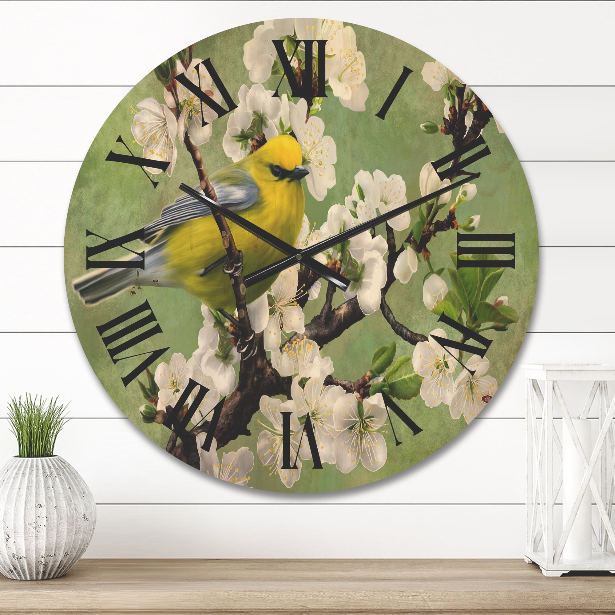 Designart 'Bird Sitting On A Branch of Cherry' Traditional Wood Wall Clock