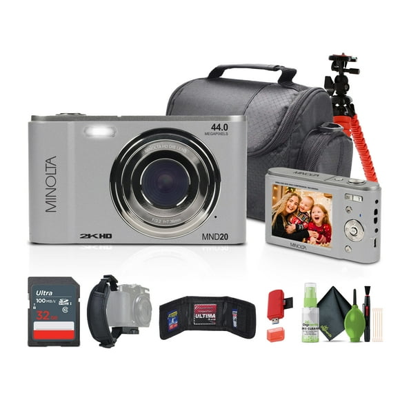 Minolta MND20 44 MP / 2.7K Ultra HD Digital Camera (Silver) + 32GB Memory Card + 12" Tripod + Memory Card Wallet + More Bundle