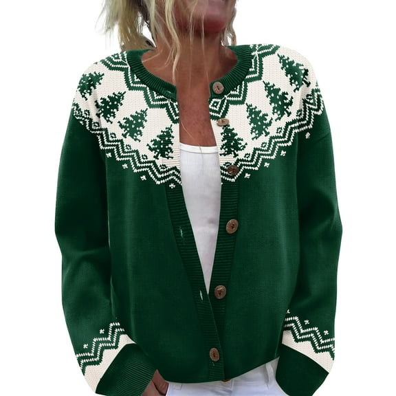 WTOBBY Women's Christmas Print Knit Cardigan, Cute and Fun Holiday Sweater for Fall and Winter, Long Sleeve Knitted Pullover with Festive Design,Army Green L