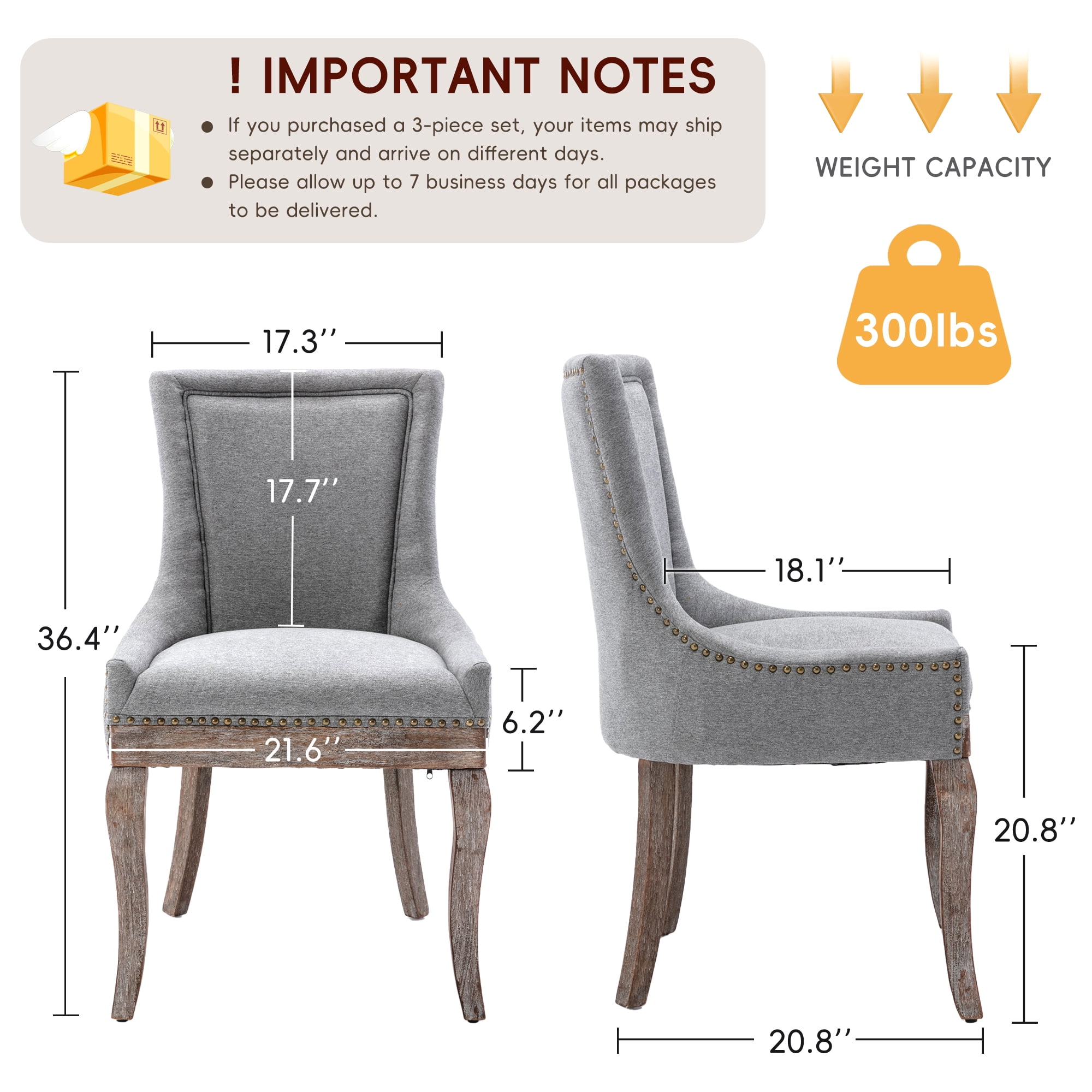 DONICK Vintage Fabric Upholstered Dining Chairs,Solid Wood Kitchen Dining Room Chairs with Nailheads Solid Wood Legs (Gray,Set of 6)