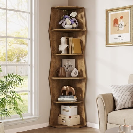 Vividwood 6-Tier Wavy Corner Bookshelf, Tall Wooden Corner Shelf & Plant Stand for Living Room, Bedroom, 70" H
