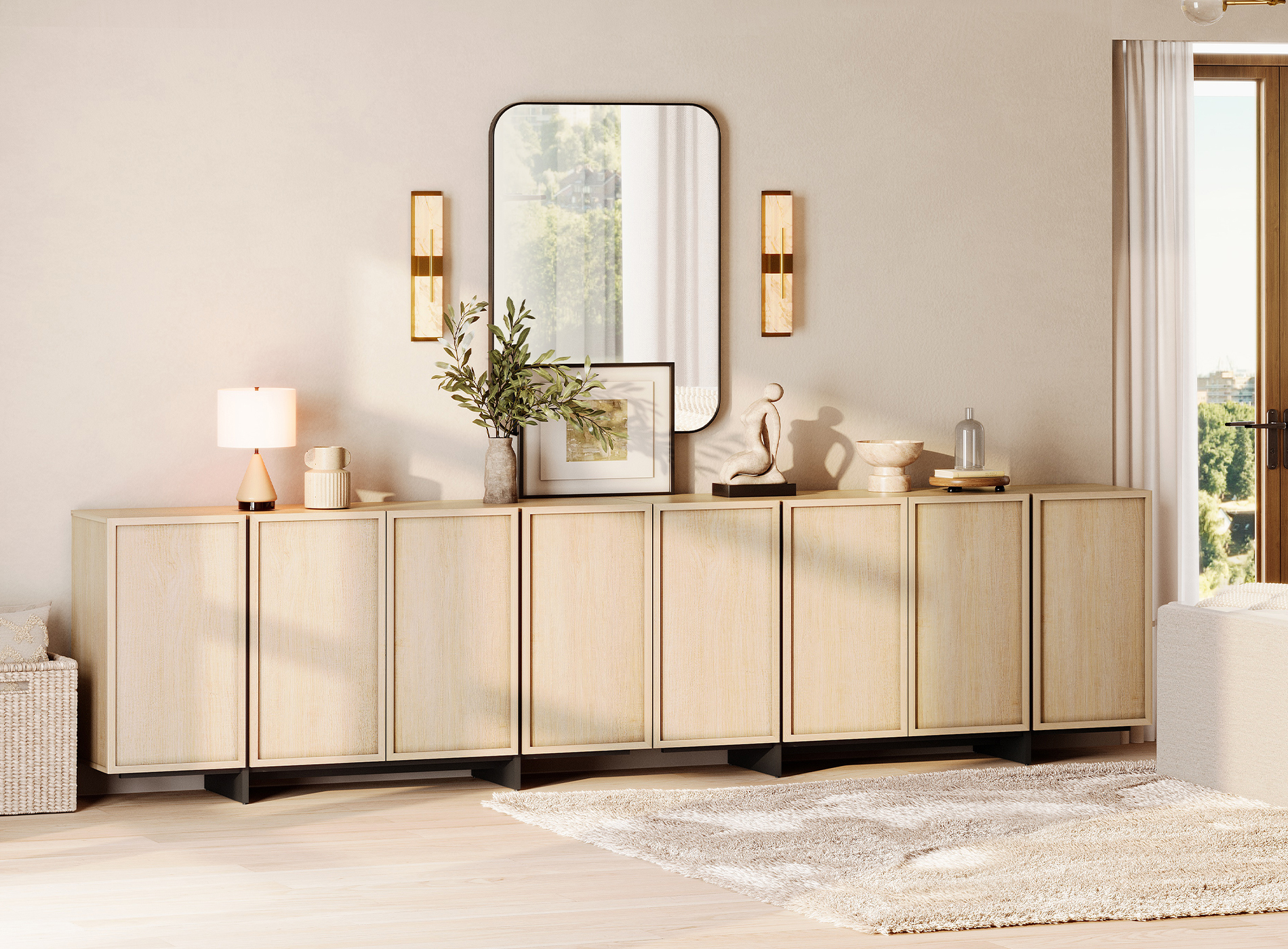 WAMPAT Multifunctional Sideboard Buffet Cabinets, Modern Sideboard with 2 Large Storage Cabinet and Metal Legs, Coffee Bar Storage Cabinet for Living Room, Kitchen, Light Oak
